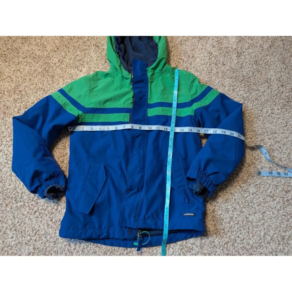 Lands' End Boys Blue Green Hooded Ski Jacket Waterproof Coat Grow-A-Longs F17